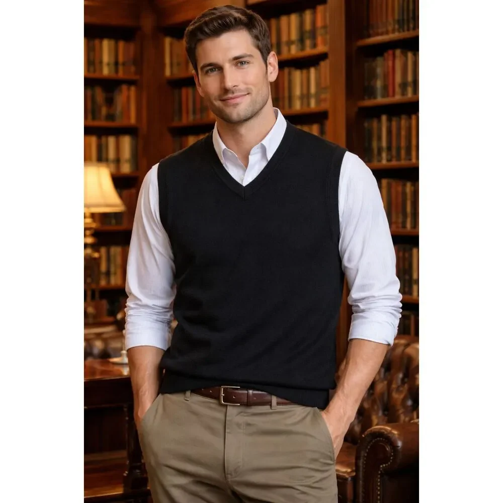 Alan Flusser Merino Wool Sweater Vest XL Black Classic V-Neck Preppy